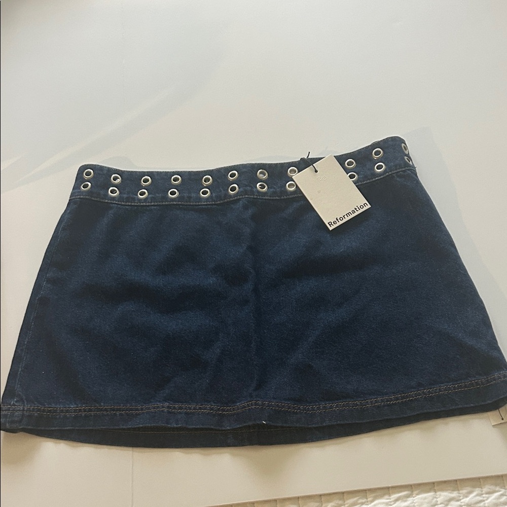 Reformation Navy Denim Mini Skirt with Grommet Waist